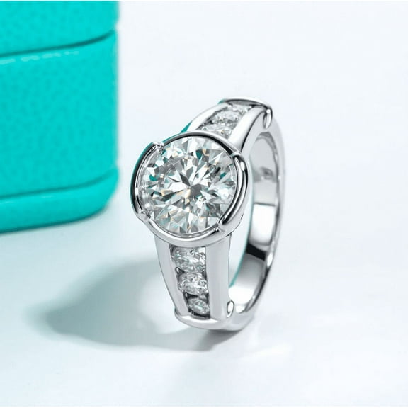 Silvago Jewel Bezel Set 14K White Gold Plated Wedding Ring - Brilliant 2.3 Ct Round Cut Lab Created Diamond Anniversary Ring - Solitaire with Accents Rings for Women - Engagement Ring Enhancers