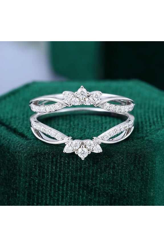 14K White Gold Plated Ring - Brilliant 1 Ct Round Cut Diamond Ring - Two Band Diamond Rings for Women's - Floral Diamond Rings for Women's - Engagement Wedding Diamond Rings