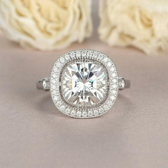 Silvago Jewel Cushion Cut Excellent 2.1 Ct Diamond Ring For Women's - Silver 14K White Gold Over Ring - Cushion Cut halo Diamond rings for Women's - Solitaire with Accent Diamond Rings for Her