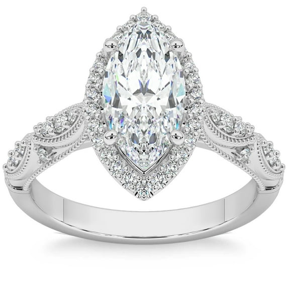 Silvago Jewel Elegant 2 Ct Marquise Cut Engagement Ring - Lab Created Simulated Diamond in 14K White Gold Plated - Beautiful Solitaire with Accents Wedding Rings - Great Gift Idea for Any Occasion