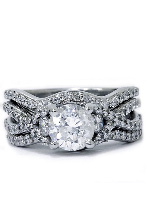 Elegant Round Cut Three Ring Eternity Diamond Ring for Her - 2 Ct Lab-Created Simulated Diamond - Chic 14K White Gold Plated - Ideal for Engagements, Gifts, and Romantic Celebrations