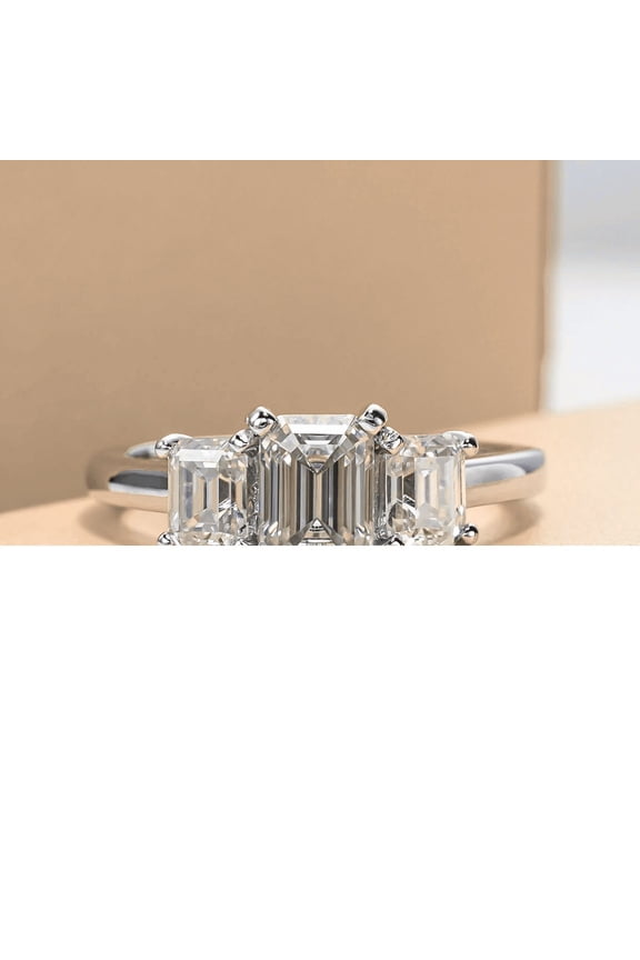 Emerald Cut Excellent 1.8 Ct Diamond Ring For Women's - Silver 14K White Gold Over Rings for Women's - 3 Stone Diamond Rings for Women's - Engagement Wedding Trilogy Ring for Women's