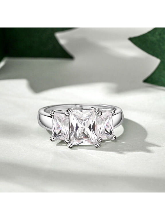 Excellent 1.9 Ct Radiant Cut Simulated Diamond Rings Wedding Rings - 14K White Gold Over Solitaire Rings - Stacking 3 Stone Engagement Rings for Her - Daily Wear Dainty Rings for Her