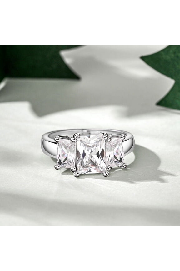 Excellent 1.9 Ct Radiant Cut Simulated Diamond Rings Wedding Rings - 14K White Gold Over Solitaire Rings - Stacking 3 Stone Engagement Rings for Her - Daily Wear Dainty Rings for Her