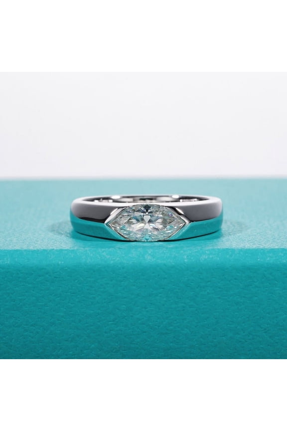 Marquise Cut 2.1 Ct Lab Created Diamond Women's Wedding Band - 14k White Gold Over One Stone Diamond Band - Rings for Women - Half Bezel Diamond Band - Promise Rings for Girlfriend
