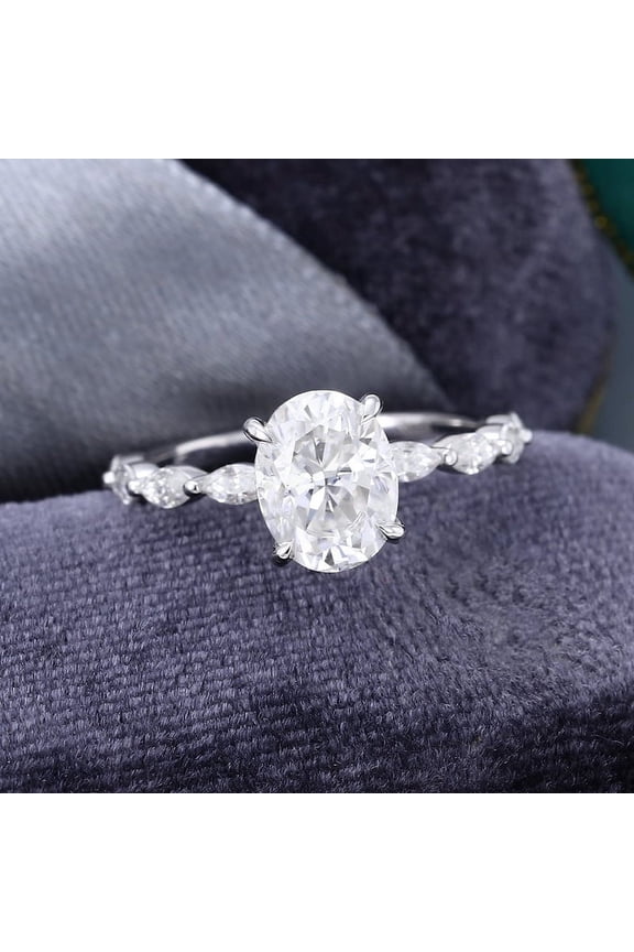 Oval Cut 1.42 Ct VVS1/D Lab Created Simulated Diamond Ring -14K White Gold Over Classic Rings - Solitaire With Accents Engagement Rings for Women"s - Party Wear Diamond Rings for Her