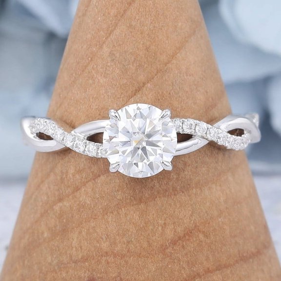Silvago Jewel Round Cut 2 Ct Brilliant Diamond Rings - 14K White Gold Over Wedding Anniversary Rings - Engagement Promise Rings for Women's - Solitaire Twisted Shank Diamond Rings for Women's