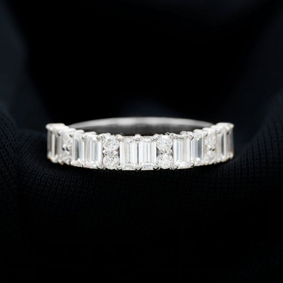 Silvago Jewel Round Cut 3.10 Ct VVS1/D Lab Created Simulated Diamond Ring - 23rd Anniversary Gifts Not Too Expensive - 14K White Gold Plated Rings Gift - Gorgeous Half Eternity Band - Gift For Her