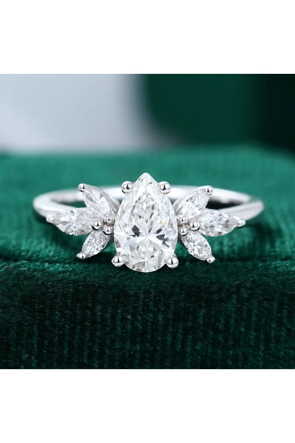 Silver 14K White Gold Over Ring - Pear Cut Excellent 1.9 Ct Diamond Ring For Women's - Multi-Stone Stacking Engagement Rings for Women's - Solitaire with Accent Diamond Rings for Her