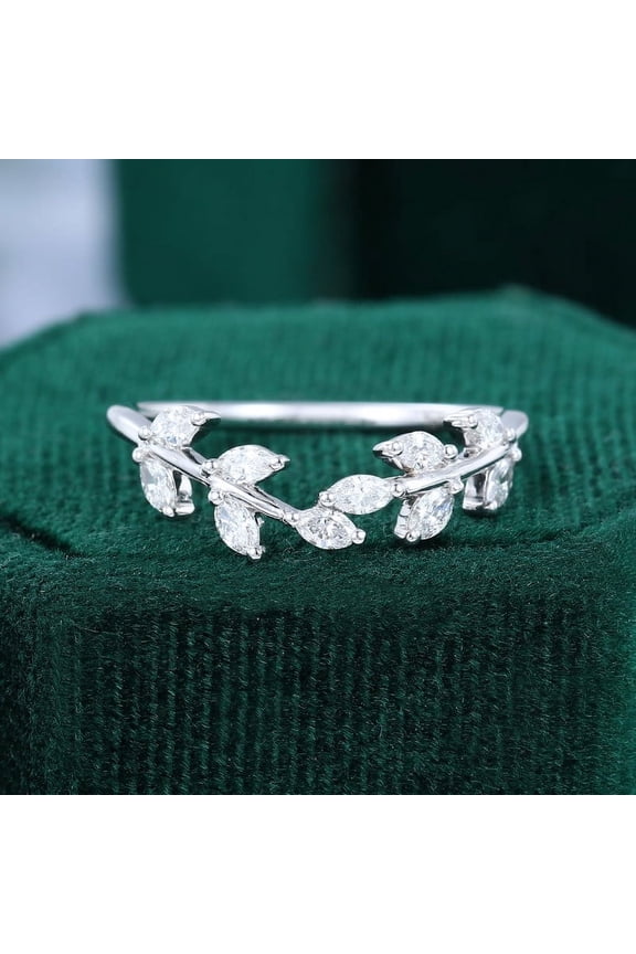 14K White Gold Plated Ring - Excellent 1.3 Ct Marquise Cut Lab Created Simulated Diamond Ring - Leaves Shape Diamond Rings for Women's - Unique Engagement Diamond Rings for Her