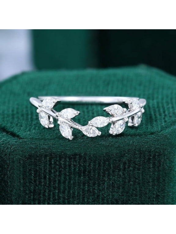 14K White Gold Plated Ring - Excellent 1.3 Ct Marquise Cut Lab Created Simulated Diamond Ring - Leaves Shape Diamond Rings for Women's - Unique Engagement Diamond Rings for Her
