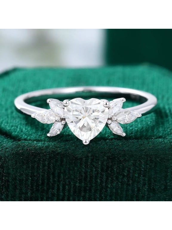 14K White Gold Plated Ring - Excellent 1.9 Ct Heart Cut Lab Created Simulated Diamond Ring - Heart Solitaire with Marquise Accent Ring for Women's - Multi-Stone Diamond Rings