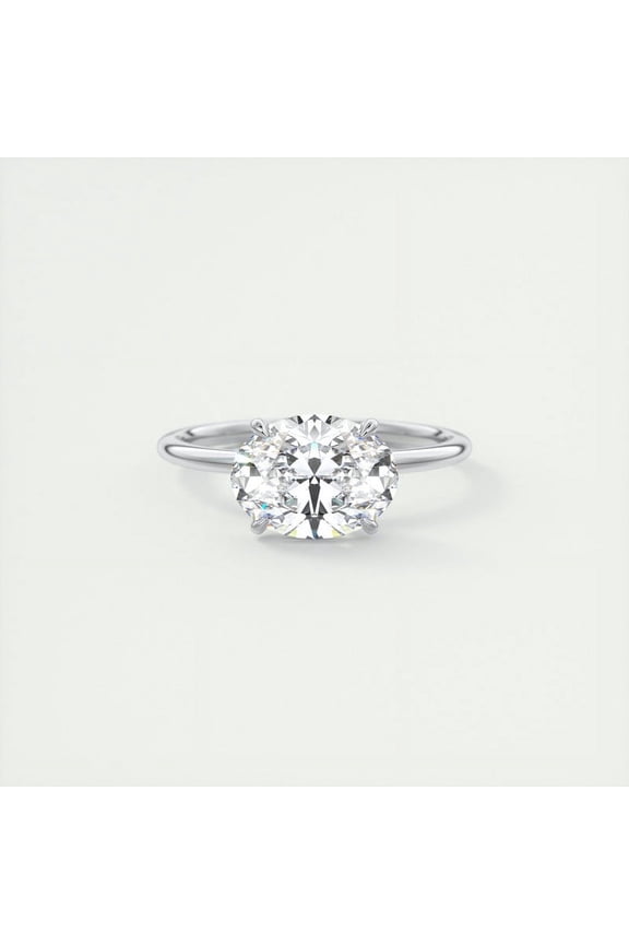Silver 14K White Gold Over Rings for Her - Excellent 2 Ct Oval Cut Diamond Ring - East-West Oval Cut Diamond Rings for Her - Solitaire Diamond Rings for Her - Solo Stone Diamond Rings