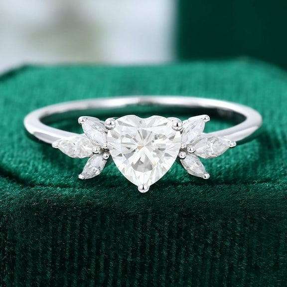 Silvago Jewel Silver 14k White Gold Over Ring - Excellent 1.9 Ct Heart Cut Lab Created Simulated Diamond Ring - Heart Solitaire with Marquise Accent Ring for Women's - Multi-Stone Diamond Rings