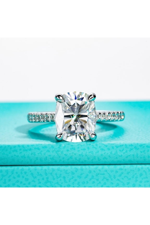 Stamped 14k White Gold Over Women's Engagement Ring - Cushion Cut 2.2 Ct Lab Created Diamond Anniversary Ring - Solitaire with Accents Diamond Ring - Hidden Halo Bridal Wedding Ring