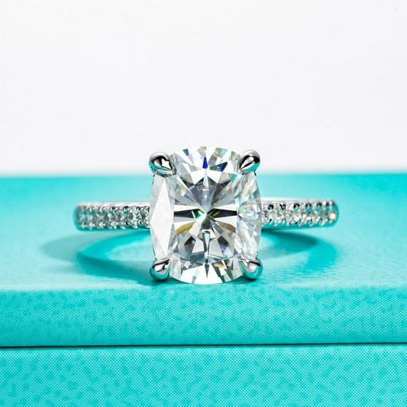 Silvago Jewel Stamped 14k White Gold Over Women's Engagement Ring - Cushion Cut 2.2 Ct Lab Created Diamond Anniversary Ring - Solitaire with Accents Diamond Ring - Hidden Halo Bridal Wedding Ring