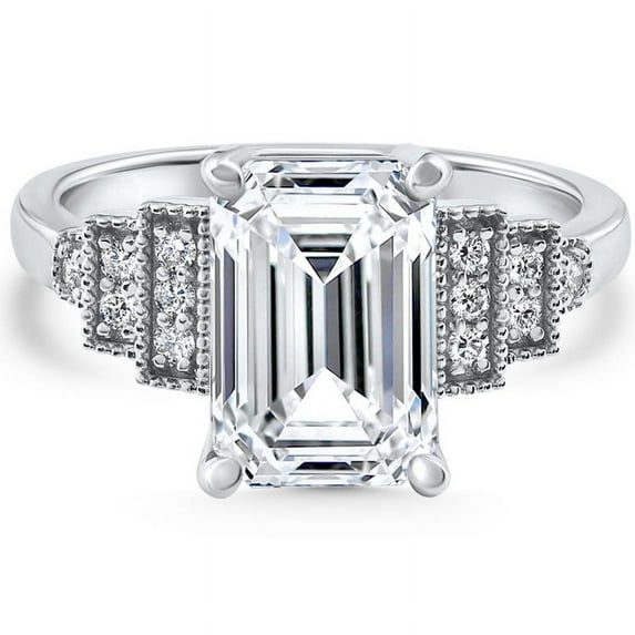 Silvago Jewel Stylish 2 Ct Emerald Cut Lab Created Simulated Diamond Engagement Ring - 14K White Gold Plated - Modern Prong Setting - Perfect Gift for Women - Great for Weddings and Anniversaries