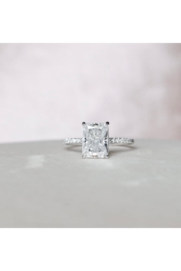 White Gold Over 14K Silver Diamond Ring - 1.8 Ct VVS1/D Radiant Cut Lab Created Simulated Diamond Ring - Hidden Halo Diamond Rings for Women's - Solitaire with Accent Diamond Rings