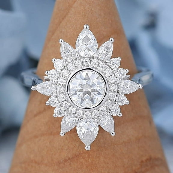 Silvago Jewel White Gold Over 14K Silver Diamond Ring - Round Cut Brilliant 1.8 Ct Diamond Ring For Women's - Cluster Engagement Ring for Her - Halo Anniversary Wedding Ring - Cocktail Promise Gift