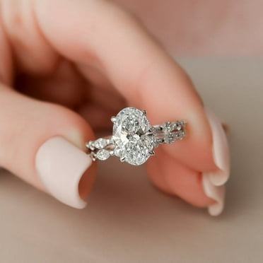 Silvago Jewel White Gold Over 14K Silver Diamond Rings - 1.4 Ct Oval Excellent Cut Diamond Rings - Engagement Hidden Halo Rings for Women's - Ever & Ever Halo-Style Bridal Set Rings for Women's