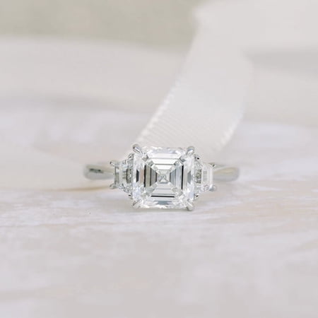 Silvago Jewel White Gold Over 14K Silver Diamond Rings - 1.9 Ct VVS1/D Asscher Cut Lab Created Simulated Diamond Rings - 3 Stone Diamond Rings for Women's - Three Stone Diamond Rings for Her