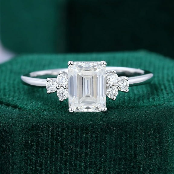 Silvago Jewel White Gold Plated 14K Diamond Ring - Emerald Cut Excellent 1.9 Ct Diamond Ring For Women's - Emerald Solitaire with Round Accent Diamond Rings for Women's - Multi-Stone Rings