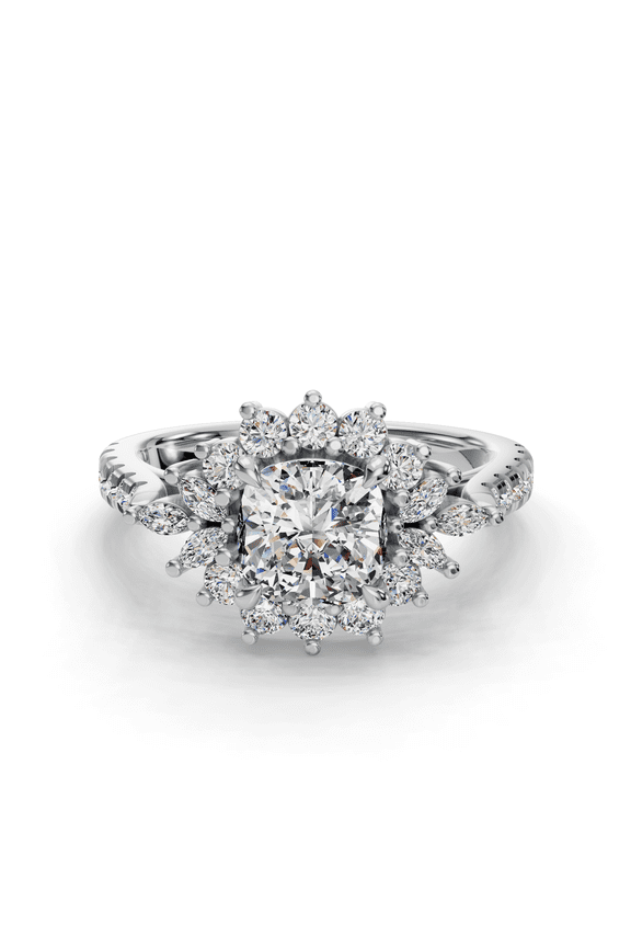 ry 1.38 Ct Cushion Cut Solitaire Engagement Ring – Prong Floral Halo with Accent Moissanite – Lab Moissanite – 14K White Gold Plated – Eternity Band for Bridal or Anniversary