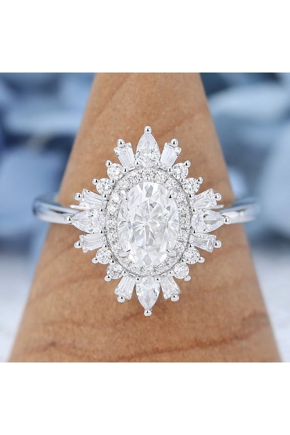 ry 1.75 Ct VVS1/E-F Oval Cut Moissanite Ring - 14K White Gold Plated Wedding Anniversary Rings for Her - Halo Engagement Rings for Women's - Cluster Rings for Special Day's