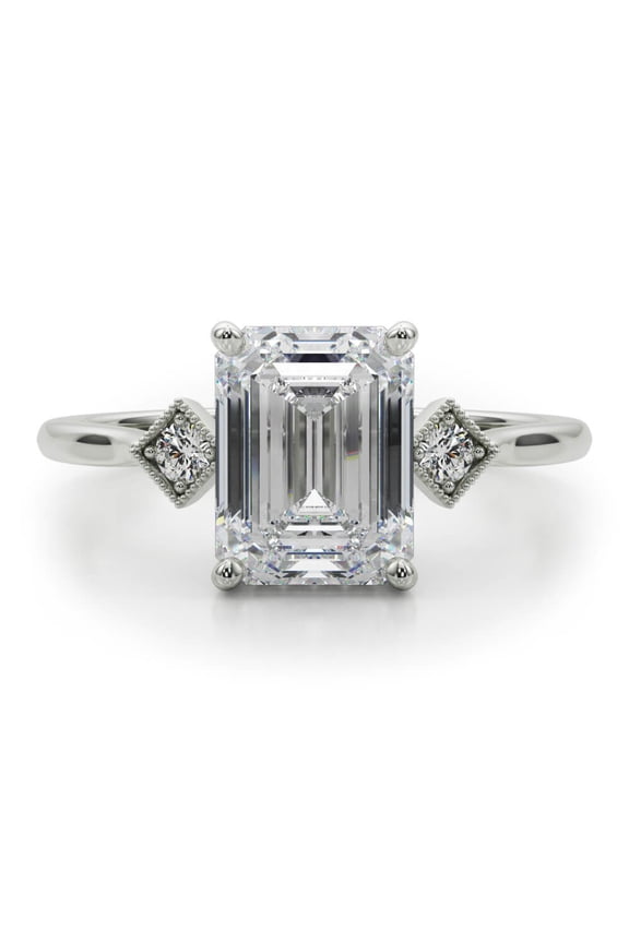 ry 14K White Gold Plated Band - 1.92 Ct Emerald Moissanite Engagement Ring - Prong Set Three Stone Elegance - Timeless Jewelry for Women - Perfect Proposal Ring