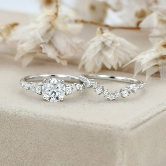 Silvago Jewelry 14K White Gold Plated Rings - 1.85 Ct Round Cut Moissanite Ring - Engagement Ring Set Anniversary Gifts - Cluster Moissanite Wedding Rings - Valentine Proposal Rings