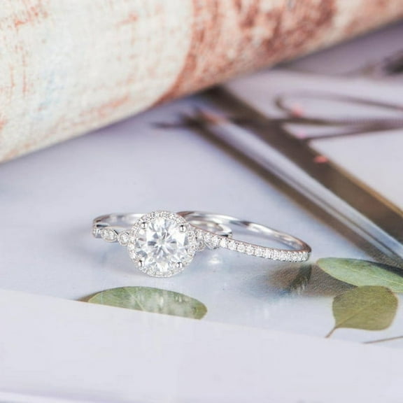 Silvago Jewelry 14K White Gold Plated Wedding Ring Set - Brilliant 4.38 Ct Round Cut Moissanite Milgrain Engagement Ring Set - Beautiful Halo Silver Ring Set with Moissanite Matching Band