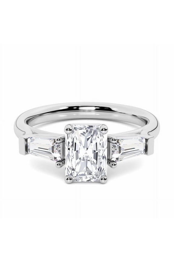 ry 2.24 Ct Radiant Moissanite Ring - Prong Set Three Stone Setting - 14K White Gold Plated Jewelry for Her - Perfect for Proposal, Engagement, or Special Event