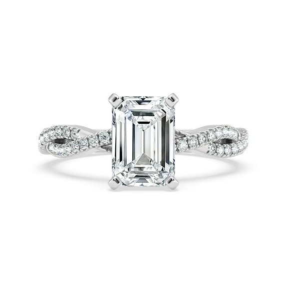 Silvago Jewelry Emerald Cut 1.6 Ct Moissanite Solitaire Ring - Infinity Crossover Band - 14K White Gold Plated Engagement Jewelry