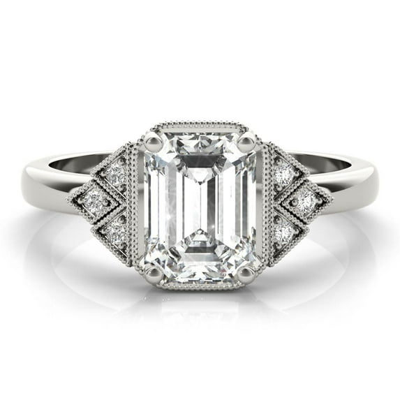 Silvago Jewelry Emerald Cut 2.02 Ct Moissanite Ring - 14K White Gold Plated Jewelry in Vintage Modern Fusion - Wedding Engagement Ring Gift for Her
