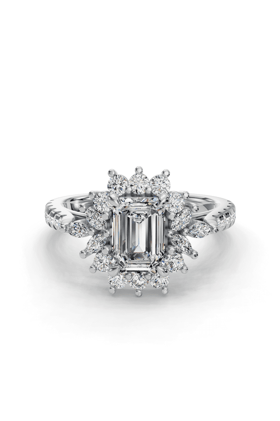 ry Emerald Cut Solitaire Engagement Ring – 1.7 Ct Lab Moissanite – Floral Halo Design with Accent Moissanite – 14K White Gold Plated – Eternity Band Bridal Ring – Proposal Pick