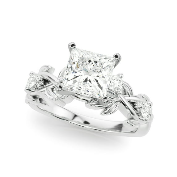 Silvago Jewelry Princess Cut 1.92 Ct Moissanite Ring - Leaf Design Solitaire with Accents - 14K White Gold Plated Engagement Jewelry