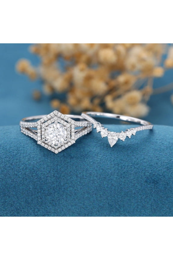 ry Prong Set 1.75 Ct Round Cut Moissanite Ring - 14K White Gold Plated Ring - Bridal Stacking Engagement Moissanite Ring - Double Halo Engagement Wedding Multi Stone Rings for Women's