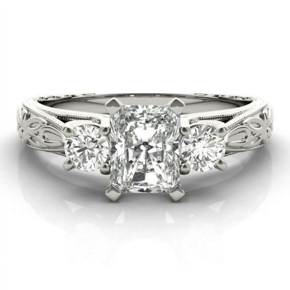 Silvago Jewelry Radiant Cut 2.13 Ct Moissanite Engagement Ring - Leaf Inspired Triple Stone Design - 14K White Gold Plated Jewelry Gift for Women’s Proposal