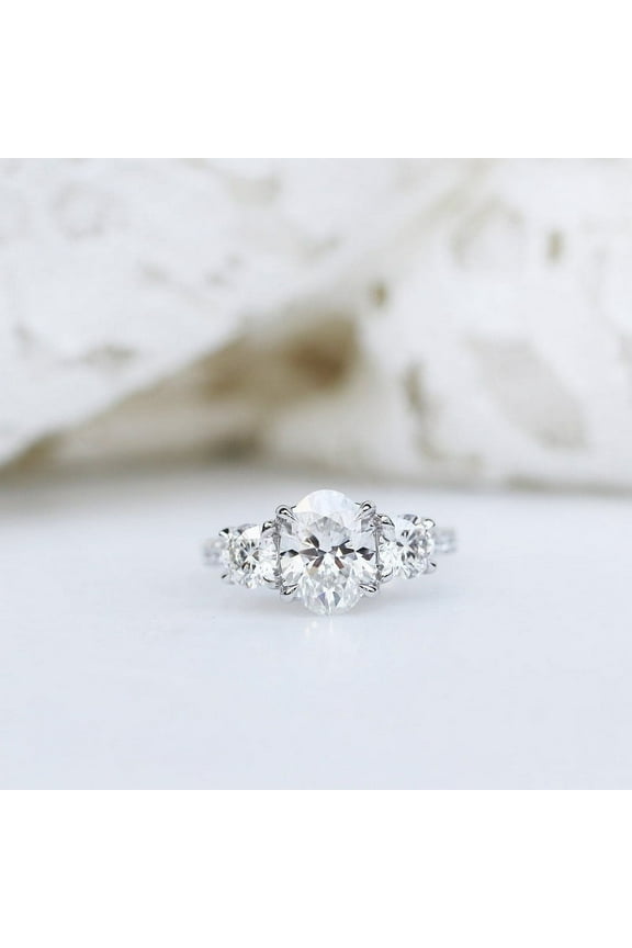 ry White Gold Plated 14K Diamond Rings - 1.75 Ct VVS1/E-F Oval Cut Lab Created Simulated Diamond Rings -3 Stone Diamond Rings for Women's - Solitaire with Accent Diamond Rings for Her