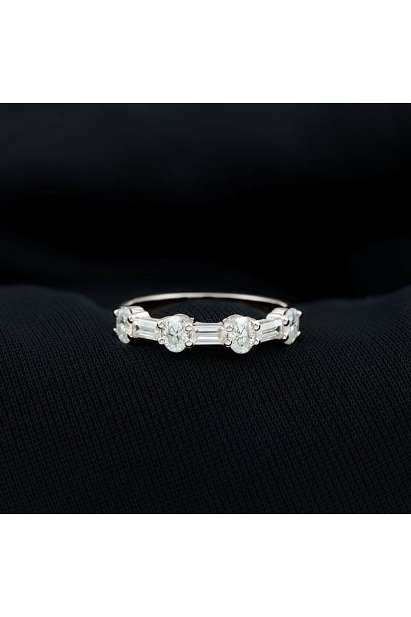 ry14K White Gold Plated Moissanite Ring - 1.65 Ct VVS1/E-F Oval Cut Moissanite Rings - Multi-Stone Wedding Moissanite Rings for Her - Baguette Cut East West Women's Bands