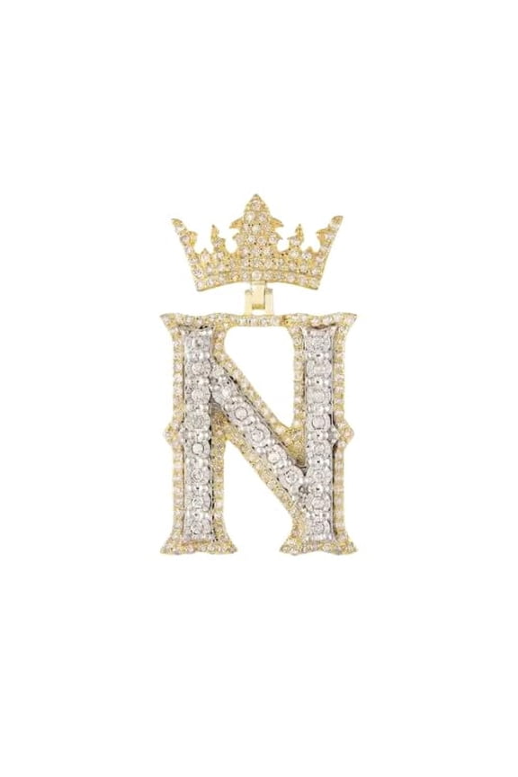 SilvarDia Lucky N Letter Single Logo Crown Name Men's Pendant Iced Out Diamond Hip Hop Bling Rapper Pendant 14K Tow Tone Gold Plated 925 Sterling Silver Handmade Customized Charm Pendant Gift For Dad