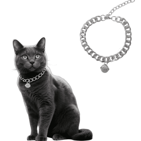 Silver Cat Chain Collar with Bell, Lightweight Metal Necklace with Extension Chain, Wide Link Jewelry for Cats and Dogs (Silver, S)