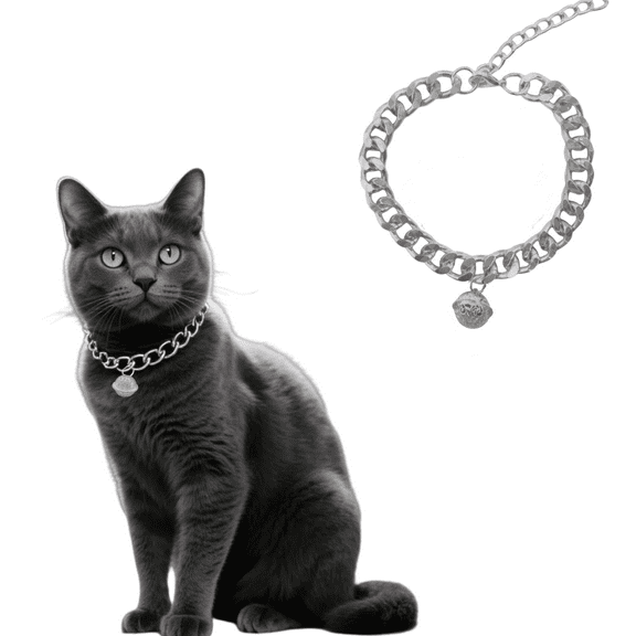 Silve Cat Chain Collar with Bell, Lightweight Metal Necklace with Extension Chain, Wide Link Jewelry for Cats and Dogs (Silve, S)