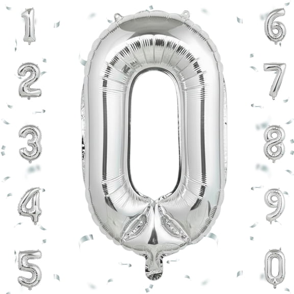 Silver 0 Number Mylar Balloon 32 inch - Self-Sealing Foil Balloons for Helium or Air Inflation, Birthday Party, Anniversary, Graduation Decorations