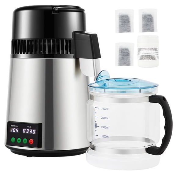 Silver 1.1Gal 304 Stainless Steel Water Distilling Machine, 750W Fast Water Distiller 0.3 Gal Per Hour with Timing & Temp Screen, Complete Kit with Glass Jug, Cleaner and 3 Carbon Packs