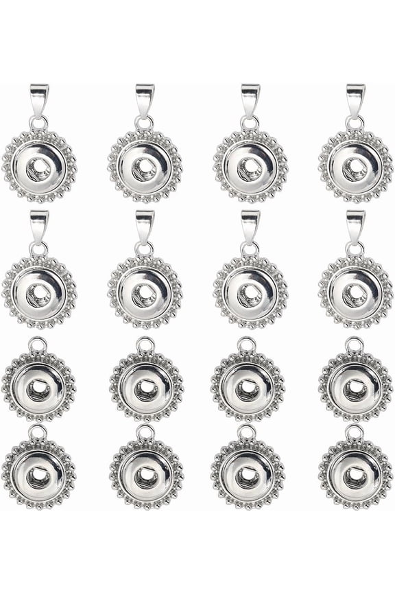 Silver 1 Box 16Pcs 2 Styles Snap Button Charms Snap Jewelry Charms Alloy 18mm Hang Small Silver Base Interchangeable Pendant Charm for Jewelry Making Charms Necklaces Bracelets Earrings DIY Crafts