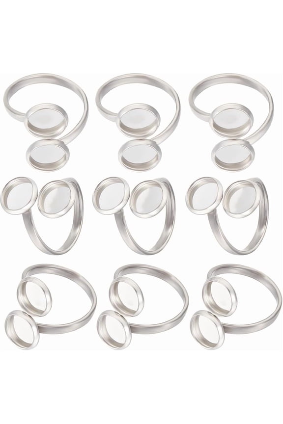 Silver 1 Box 16Pcs Rings Components Stainless Steel Double Blank Dome Finger Rings 8mm Open Cuff Finger Ring Enamel Settings for Ring Jewelry Making