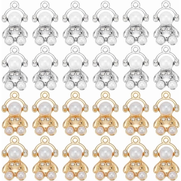 Silver 1 Box 32Pcs Teddy Bear Charms Bulk Alloy Mini Cute Animal Rhinestone Plastic Pearl Silver Bears Gold Dangle Charm for Jewelry Making Charms Necklace Bracelet Earring Women Beginners Adults