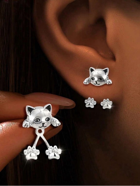 Silver 1 Silver Cat Face Stud Earrings With Paw Dangle Climber Design