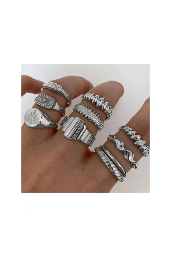 Silver 10 Pieces Fashionable Multi-Design Stackable Rhinestone Ring Set